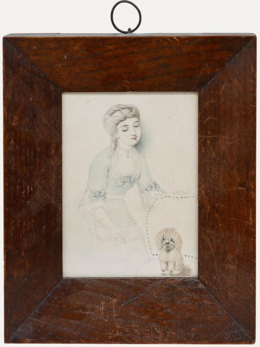 19th Century Graphite Drawing - Lady and Lap Dog