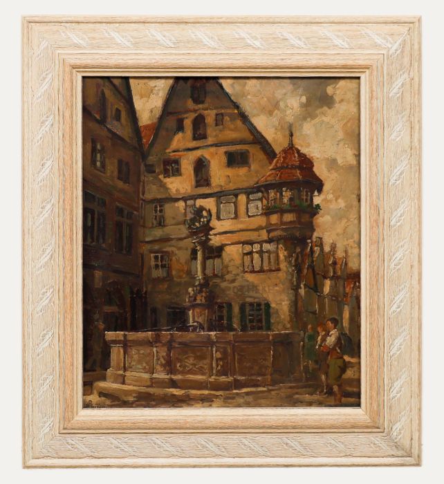 Framed Mid 20th Century Oil - St George's Fountain, Rothenburg