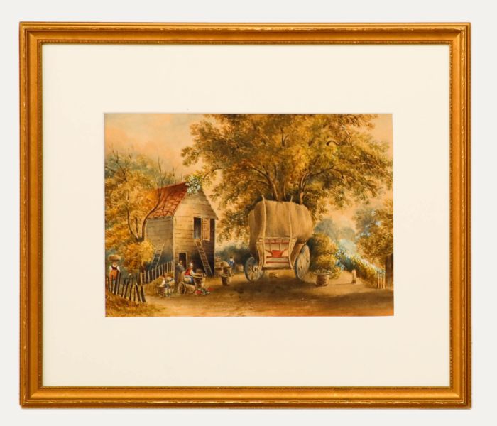 French School 19th Century Watercolour - Flower Harvesters at the Farmstead