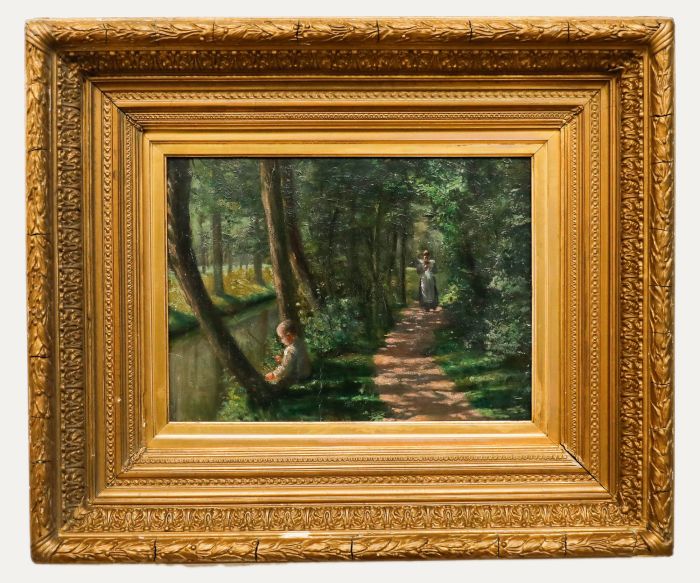 Framed Early 20th Century Oil - Figures on a Shaded Woodland Path
