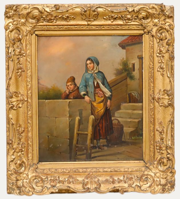 German School  19th Century Oil - Mother and Son