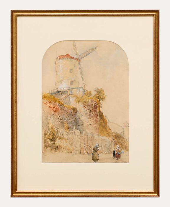 Framed 19th Century Watercolour - Windmill on the Castle Wall