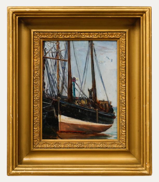 Framed 20th Century Oil - Moored Fishing Boats