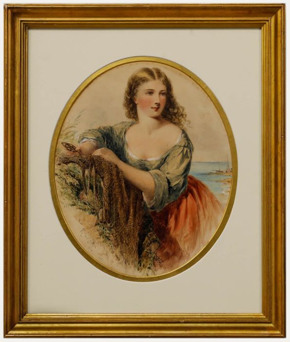Henry E. Hobson (fl.1857-1870)- Framed 1864 Watercolour, Maiden Mending the Nets