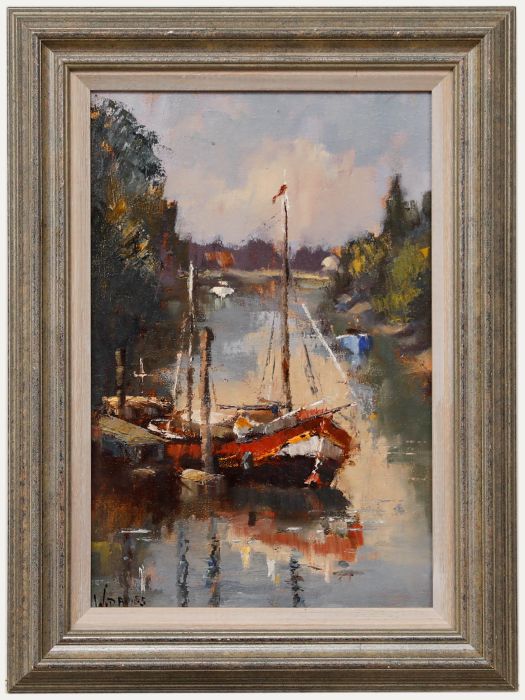 William Davies (b.1928) - Framed Contemporary Oil, Dutch Barge at Richmond