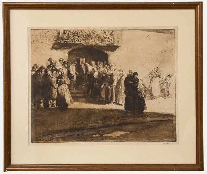 Ferdinand Schmutzer (1870-1928)- Etching, Beggers at the Monastery Soup Kitchen 