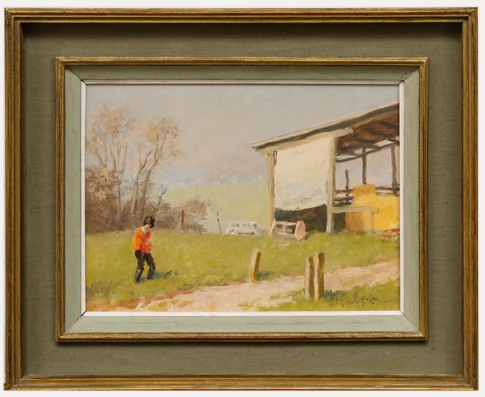 Alan Stenhouse Gourley (1909-1991) - Framed Oil, Playing by the Hay Barn 