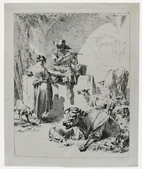 After Nicolaes Berchem (1620-1683) - Etching, The Shepherd and the Spinner