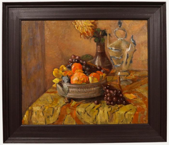 Framed Oil, Still Life with Samovar & Fruit Basket