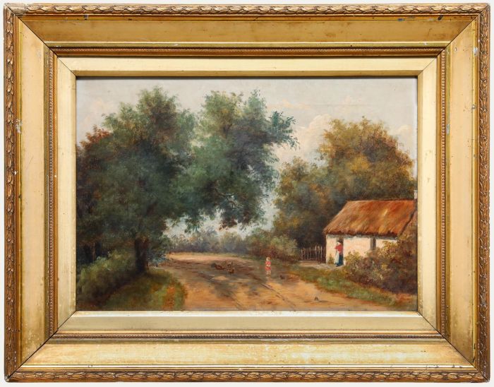 English School Late 19th Century Oil - Feeding Chickens by the Cottage