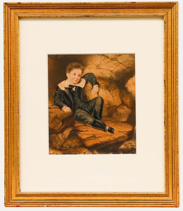 W.S. Record - Framed 19th Century Watercolour, Young Boy Sitting on Rocks