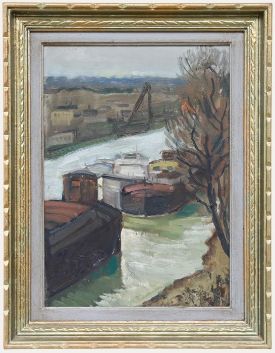 French School Mid 20th Century Oil - Barges on the Seine