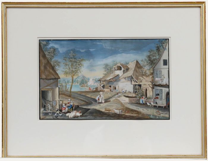 Fine Early 19th Century Gouache - Bustling Rural Scene