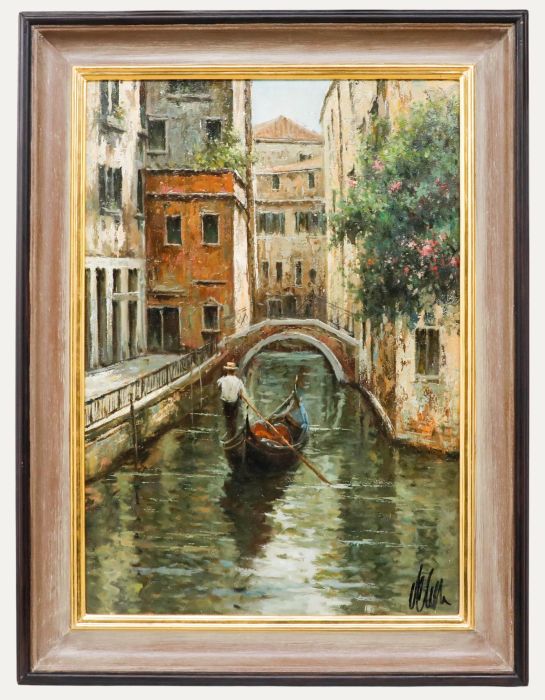 Framed 20th Century Oil - Gondolier by the Canal Bridge