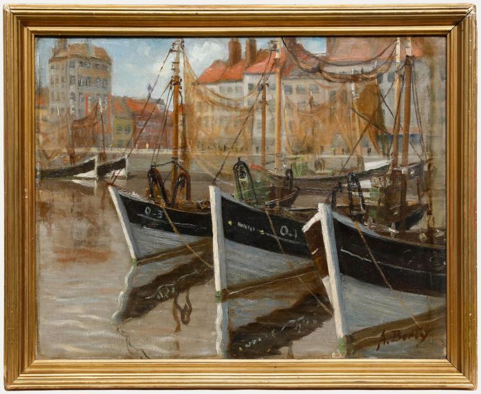 Anne Berty - Mid 20th Century Oil, Ostend Fishing Boats