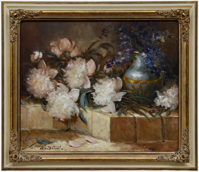 Nicole Parisini (b.1924) - Framed 20th Century Oil, Still Life of Peonies