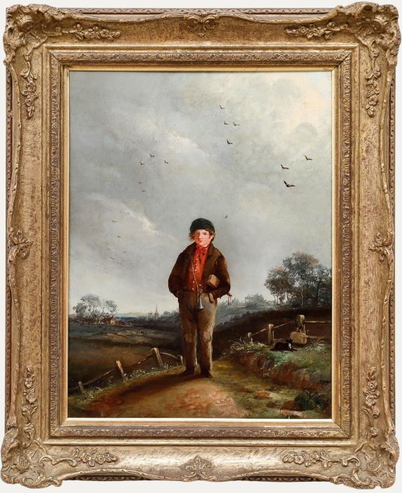 English School 19th Century Oil - Portrait of a Farm Boy with Rattle