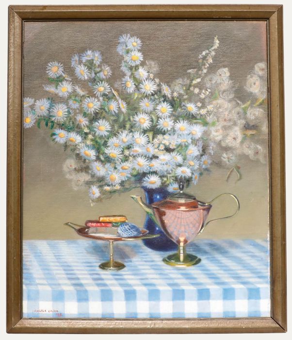 Angela Cripps - Framed 20th Century Oil, Still Life of Blue Asters