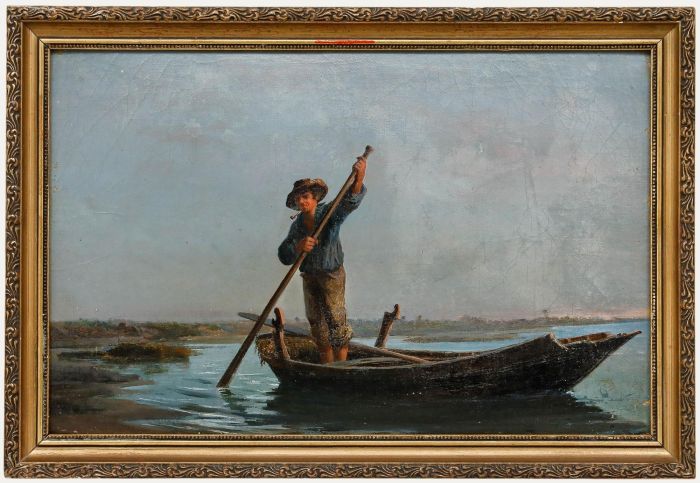 Framed 19th Century Oil - Fisherman in a Coastal Inlet