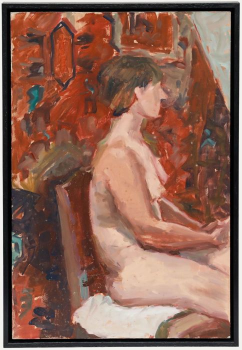 Pauline Plummer (b.1933) - Framed 20th Century Oil, Nude on Red Textile
