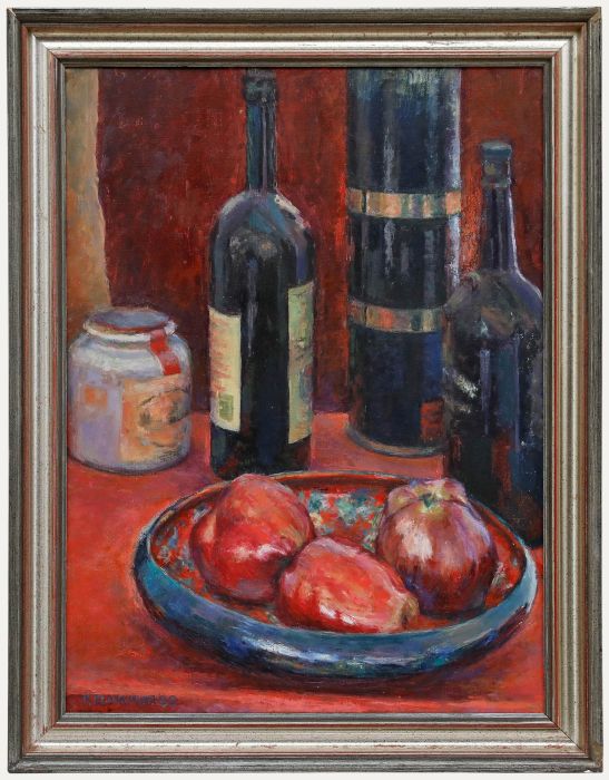 Pauline Plummer (b.1933) - 2000 Oil, Still Life with Wine and Apples