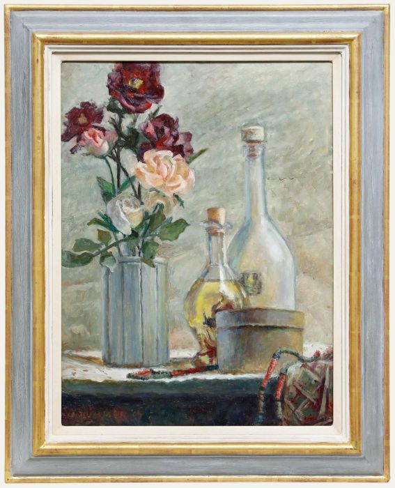 Pauline Plummer (b.1933) - 2004 Oil, Roses and Glass