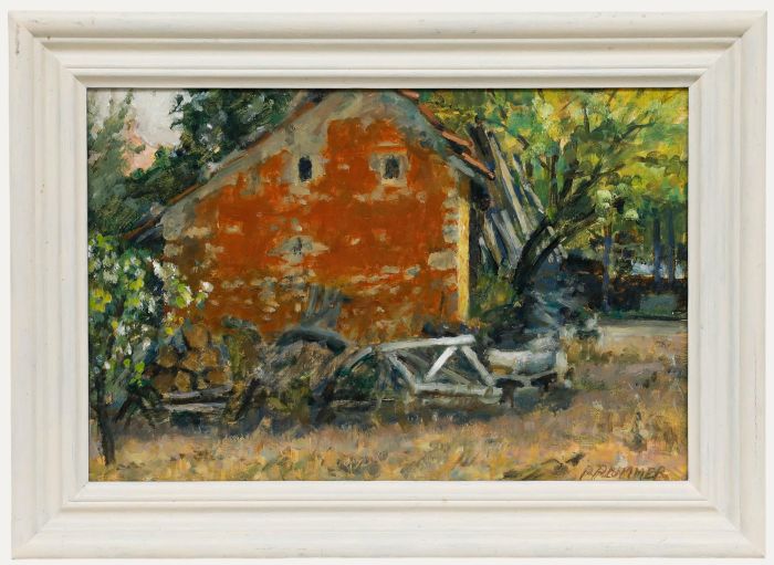 Pauline Plummer (b.1933) - Contemporary Oil, Morning Light on the Wood Shed