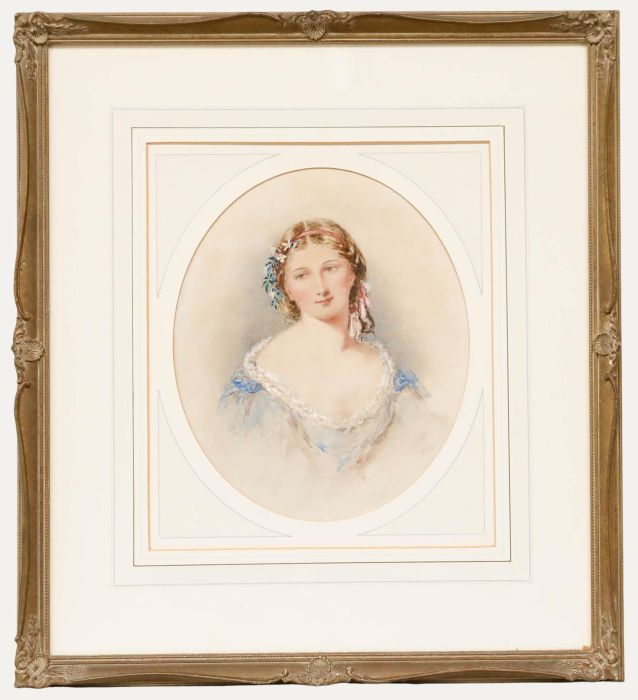 Henry E. Hobson (1820-1881) - 1866 Watercolour, Portrait of a Young Lady in Blue
