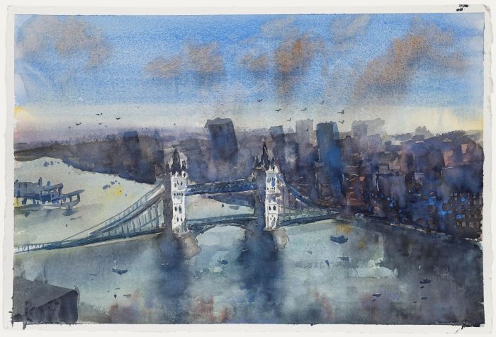 Daniel Nichols - Contemporary Watercolour, Aerial View of Tower Bridge