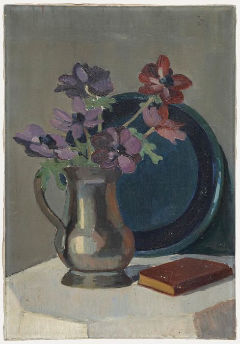Mid 20th Century Oil - Cosmos in a Silver Teapot