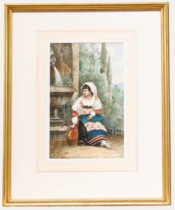 Framed 19th Century Watercolour - Girl by the Fountain