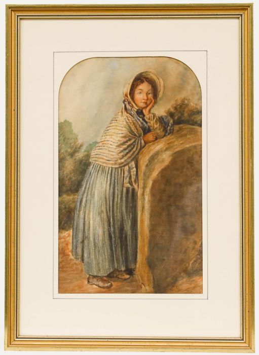 Manner of William H Hunt (1827-1910) - Watercolour, Girl Leaning on a Rock