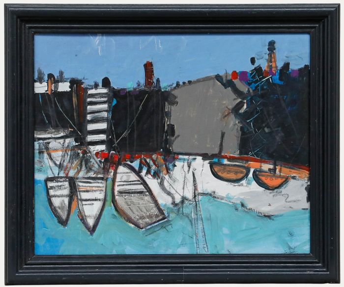 Onslow Sykes (1953-2017) - Framed 20th Century Oil, Moored Boats, Newlyn