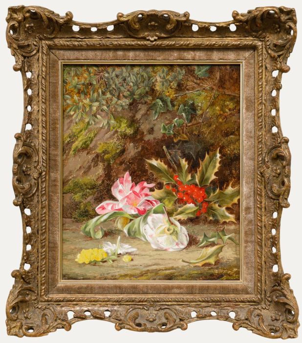 Thomas Collins (1835-1893) - Framed 1874 Oil, Still Life with Holly and Flowers