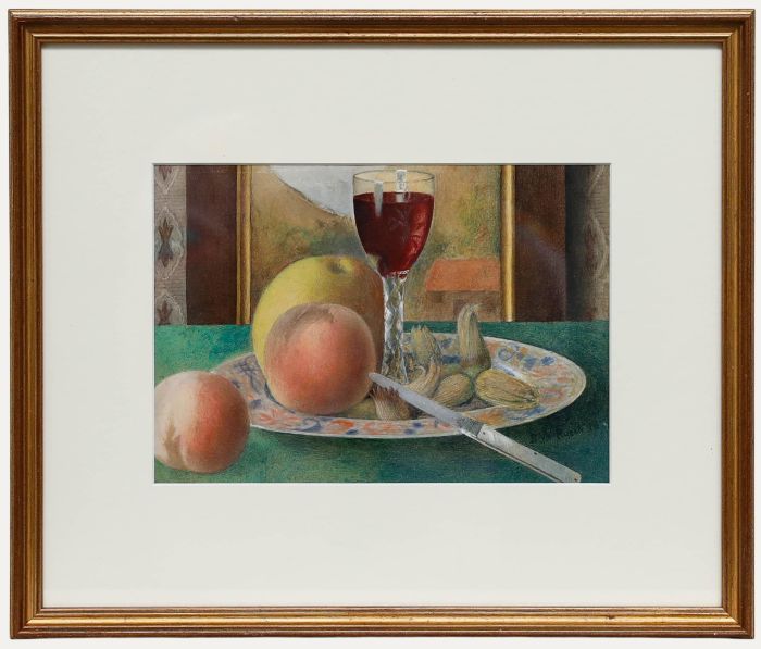 B.W. Rusch - Framed 1878 Watercolour, Still Life with Wine and Fruit