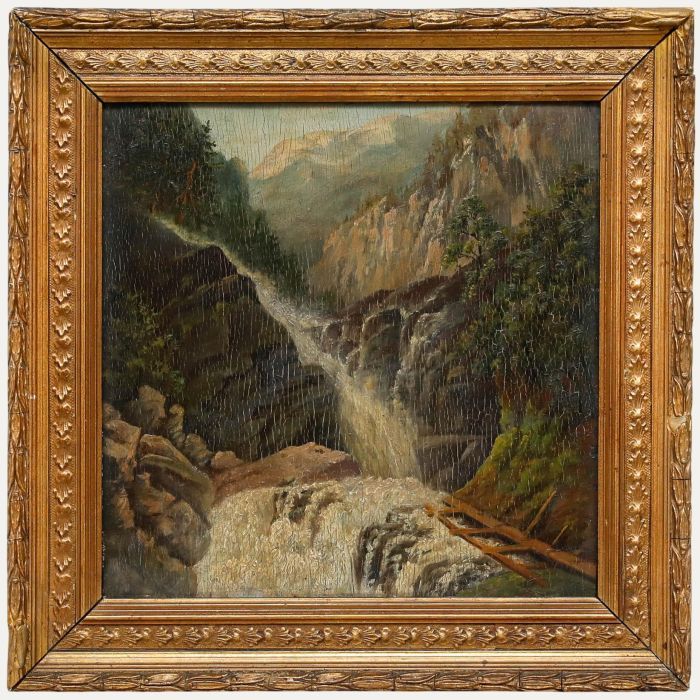 Framed Early 20th Century Oil - Waterfall in the Mountains
