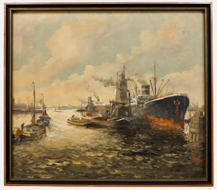 Framed Early 20th Century Oil - Early Morning at the Harbour