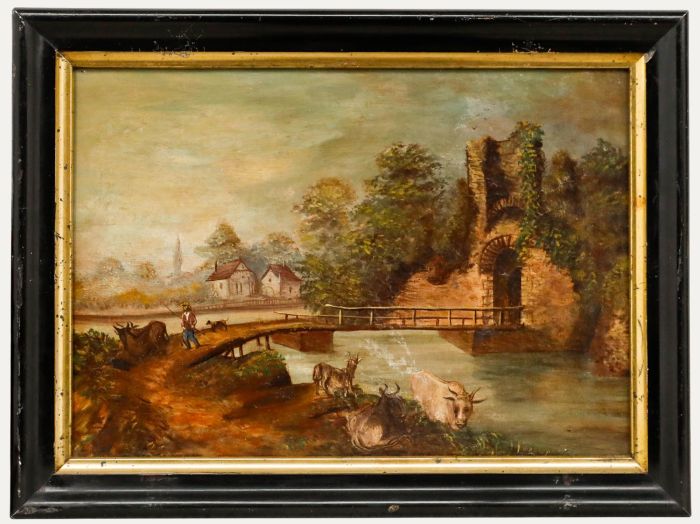 19th Century Oil - Bridge to the Ruin