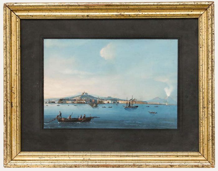 Neapolitan School 19th Century Gouache - View of Naples and Mount Vesuvius