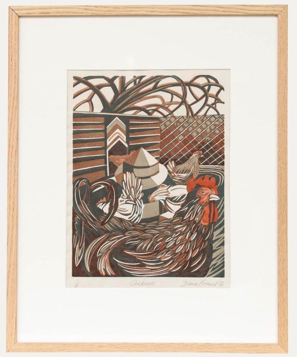 Diana Gunnell - Framed 1986 Linoprint, Chickens