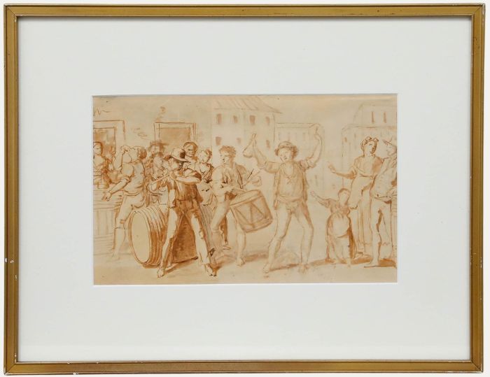 Framed 18th Century Sepia Watercolour - Revellers in a Street