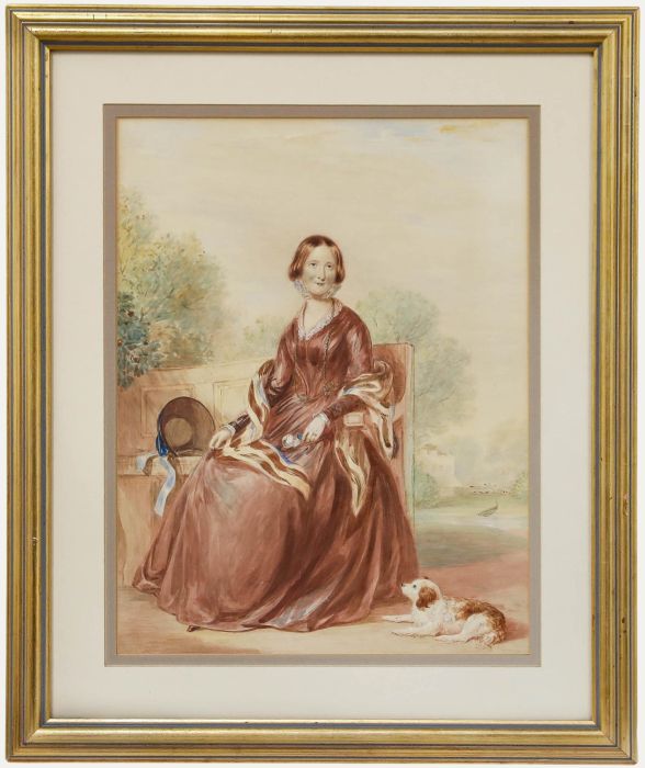 Mid 19th Century Watercolour - Lady with Dog