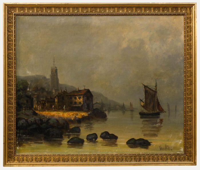 Van-Hils - Framed Late 19th Century Oil, Early Morning at the Harbour