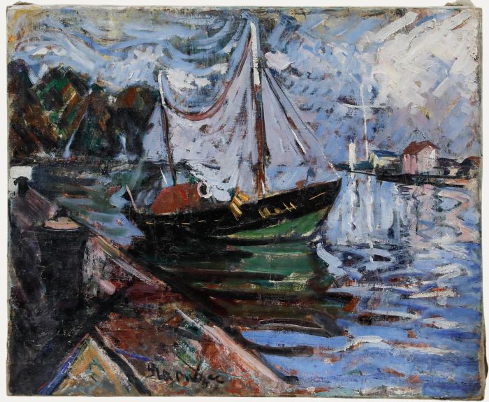 French School Mid 20th Century Oil - The Green Fishing Boat