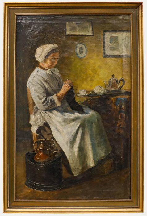 Framed Late 19th Century Oil - Elderly Woman Knitting