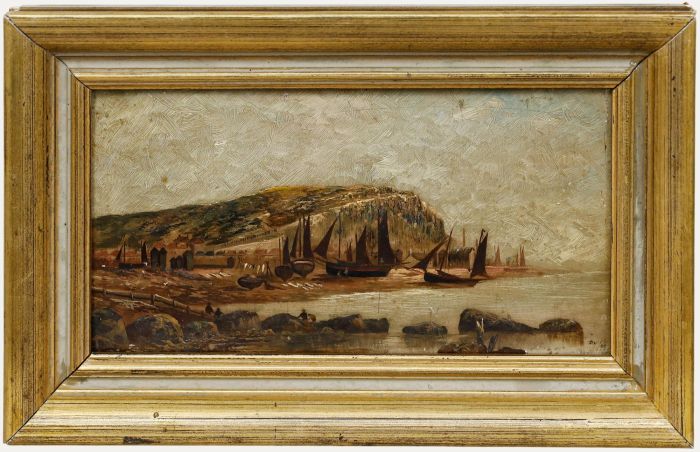 Ducker - Framed 1889 Oil, Fishing Boats Beneath Cliffs