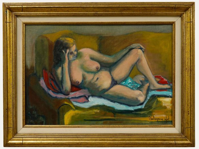 Suzanne Deluzanne-Lefort - 20th Century Oil, Nude on Yellow Sofa