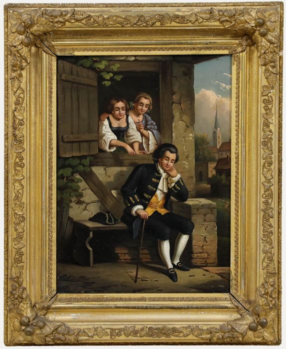 Framed 19th Century Oil - Women Tickling a Resting Gentleman