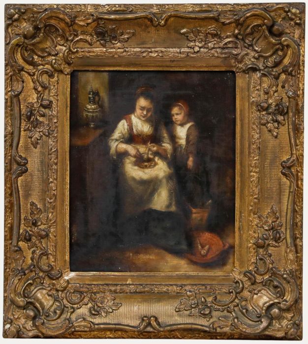 After Nicolaes Maes (1634-1693) - Dutch School Oil, Woman Scraping Parsnips