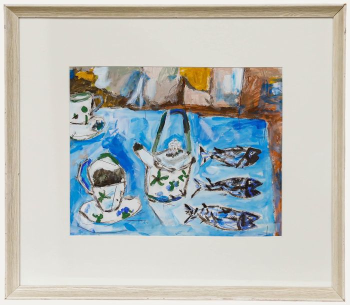 Framed Contemporary Oil - Three Fish & Tea